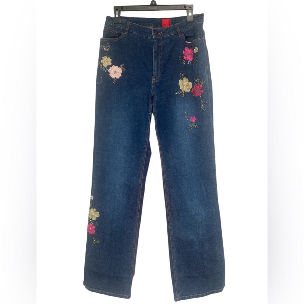 Very Vera Embroidered Floral Wide Leg Jeans GUC 12